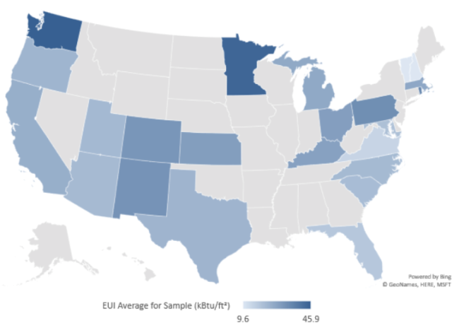 Figure 1. Eighty-eight ZE or ZER schools around the United States, including average energy use intensity (EUI) for each state. (A lower EUI, often calculated as energy per square foot, indicates better efficiency). Source: U.S. Department of Energy