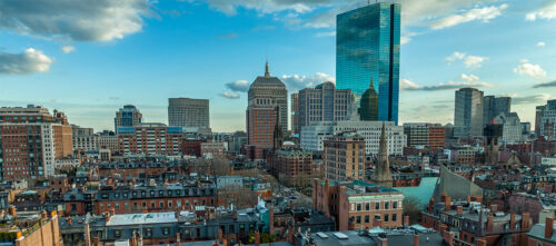 Aerial shot of multifamily and office buildings in Boston, MA