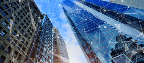 High rise buildings concept showing connection with added lines and nodes