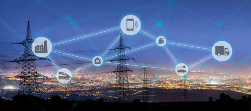 Powerlines and connection concept - powerlines with overlay of lines to show connection and icons for phones, internet, power, and buildings