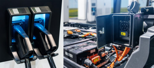 Electric truck batteries charging at a charging station