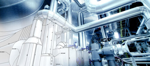 A mixed media photo of industrial piping meshed with a sketch or blueprint of said piping, so it fades from blueprint into reality