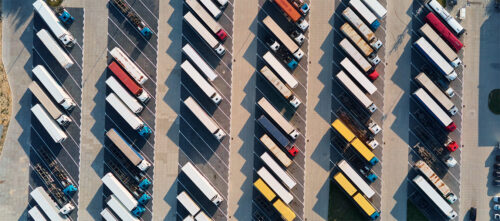 Aerial view of parked semi trucks