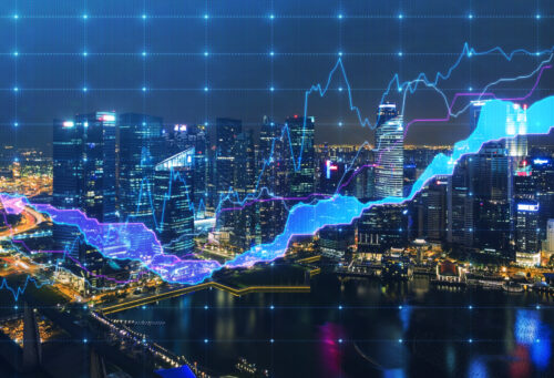 Panoramic evening New York view with the digital financial chart. A concept of the professional financial services.