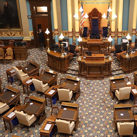 The Senate Chamber of the Michigan State Capitol in Lansing, Michigan.