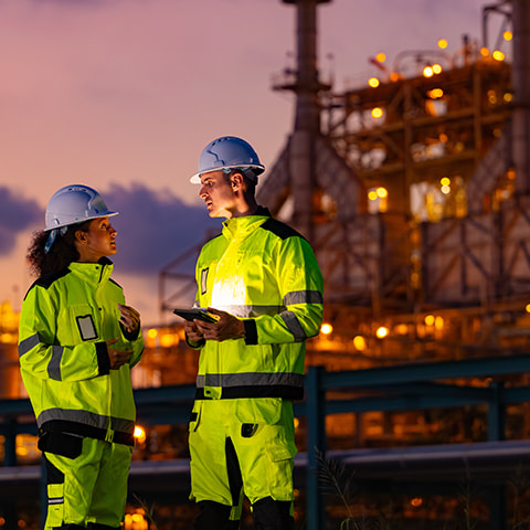 A Black female engineer and a white male engineer stand outside of an illuminated refinery site at dusk.