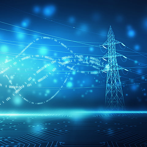 A digital rendering of data points expressed through 1s and 0s interacting with power lines and electricity pylons