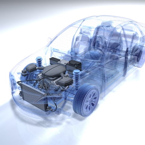 A 3D rendering of the inside of a small sedan, featuring a highlighted view of the engine system.